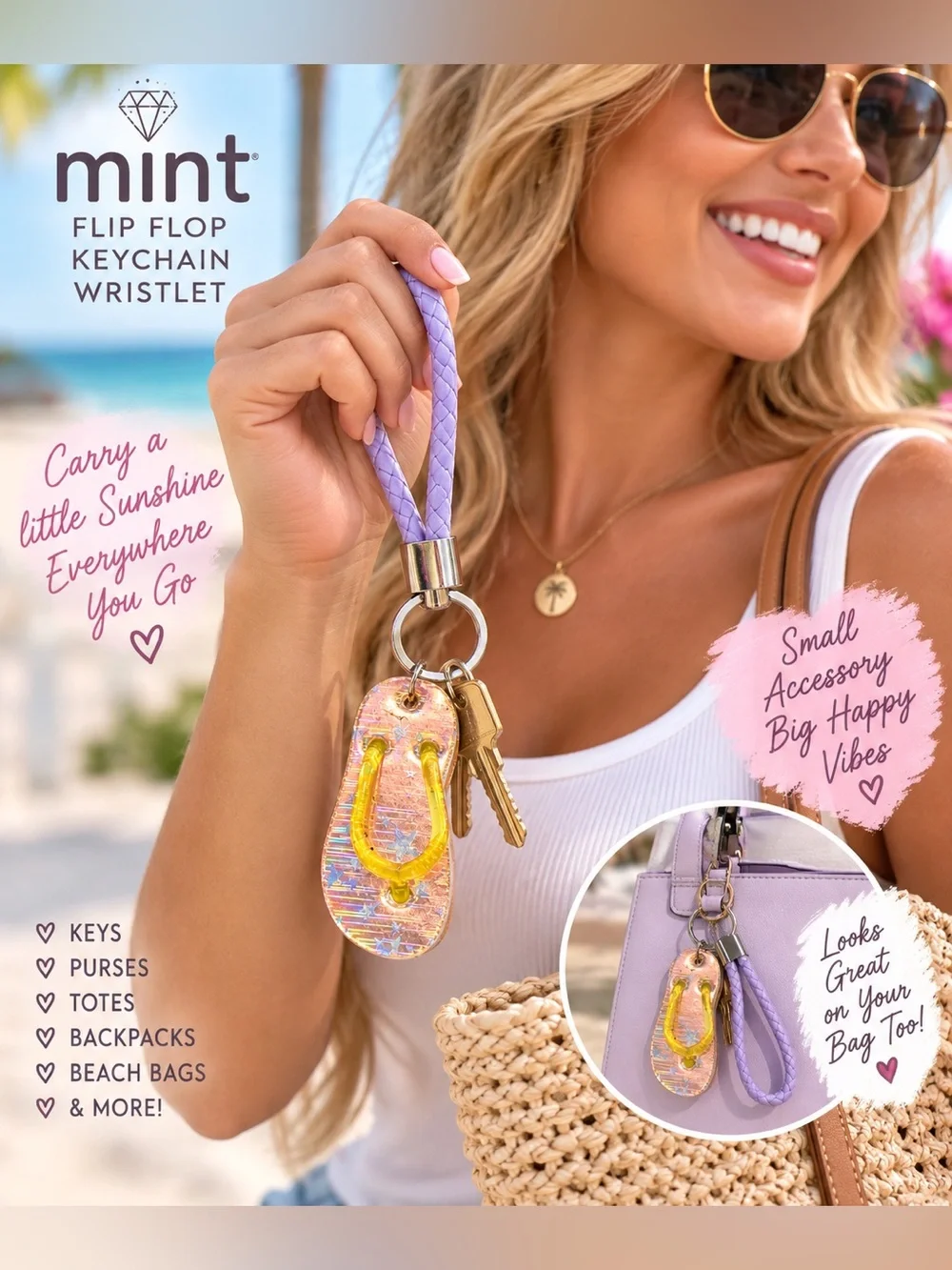 Mint Purple Braided Wristlet & Iridescent Pink Flip Flop Keychain